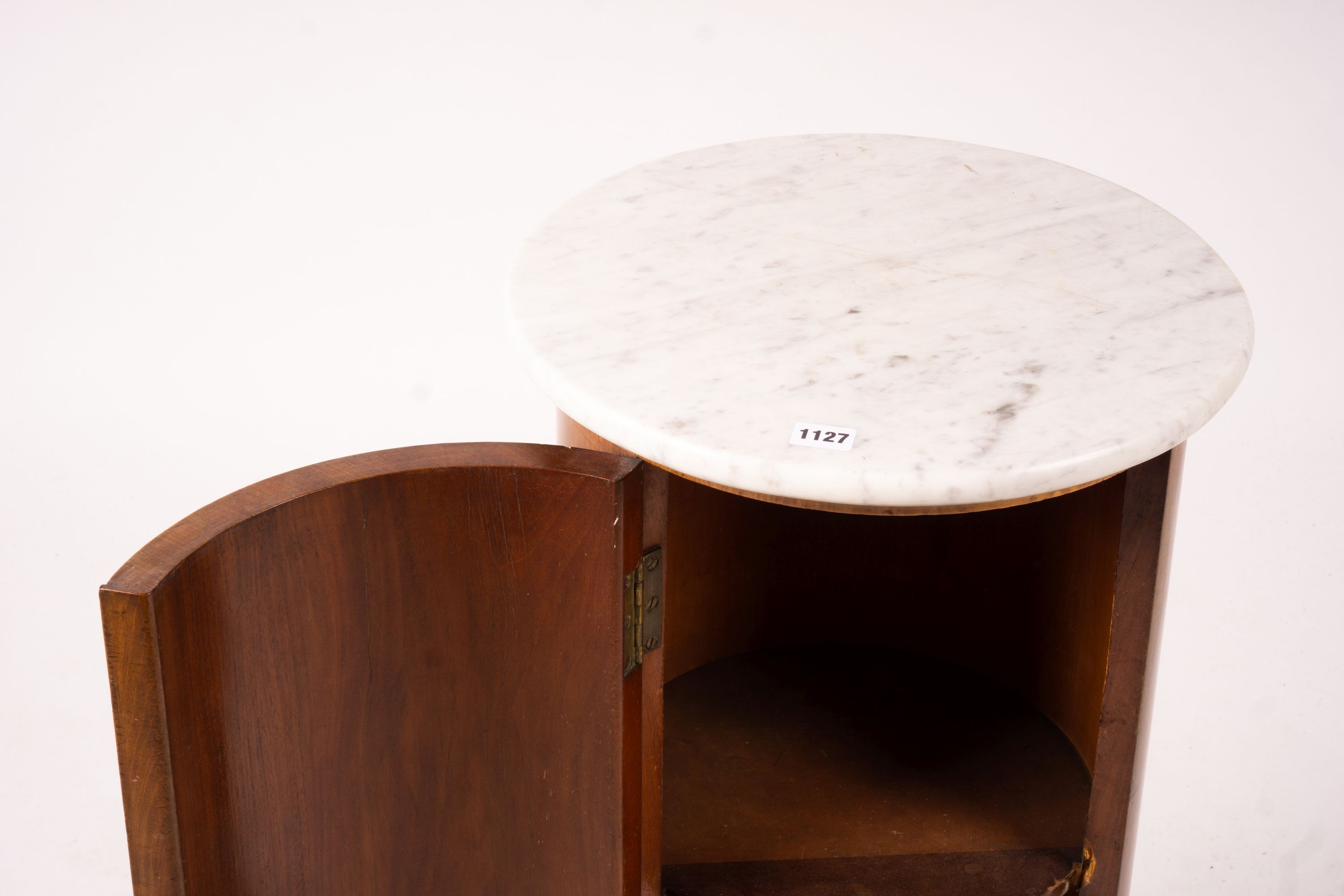 A Victorian marble top mahogany cylindrical pot cupboard, diameter 41cm, height 79cm